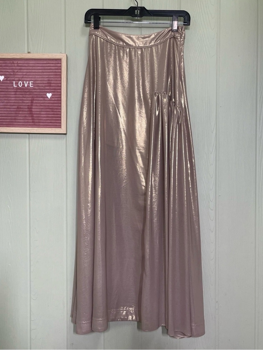 Free People Catch the Wind Metallic Shimmer Taupe Gathered-Detail Maxi Skirt